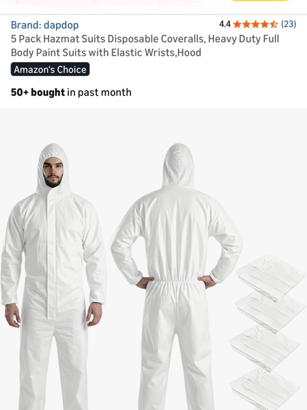 dapdop White Disposable Hazmat Coverall Suit with Hood (5-Pack)